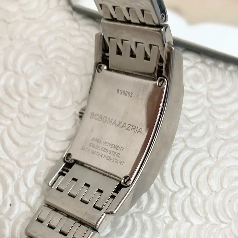 BCBGMaxAzria Stainless Steel Tank Style Dress Watch Roman Numerals